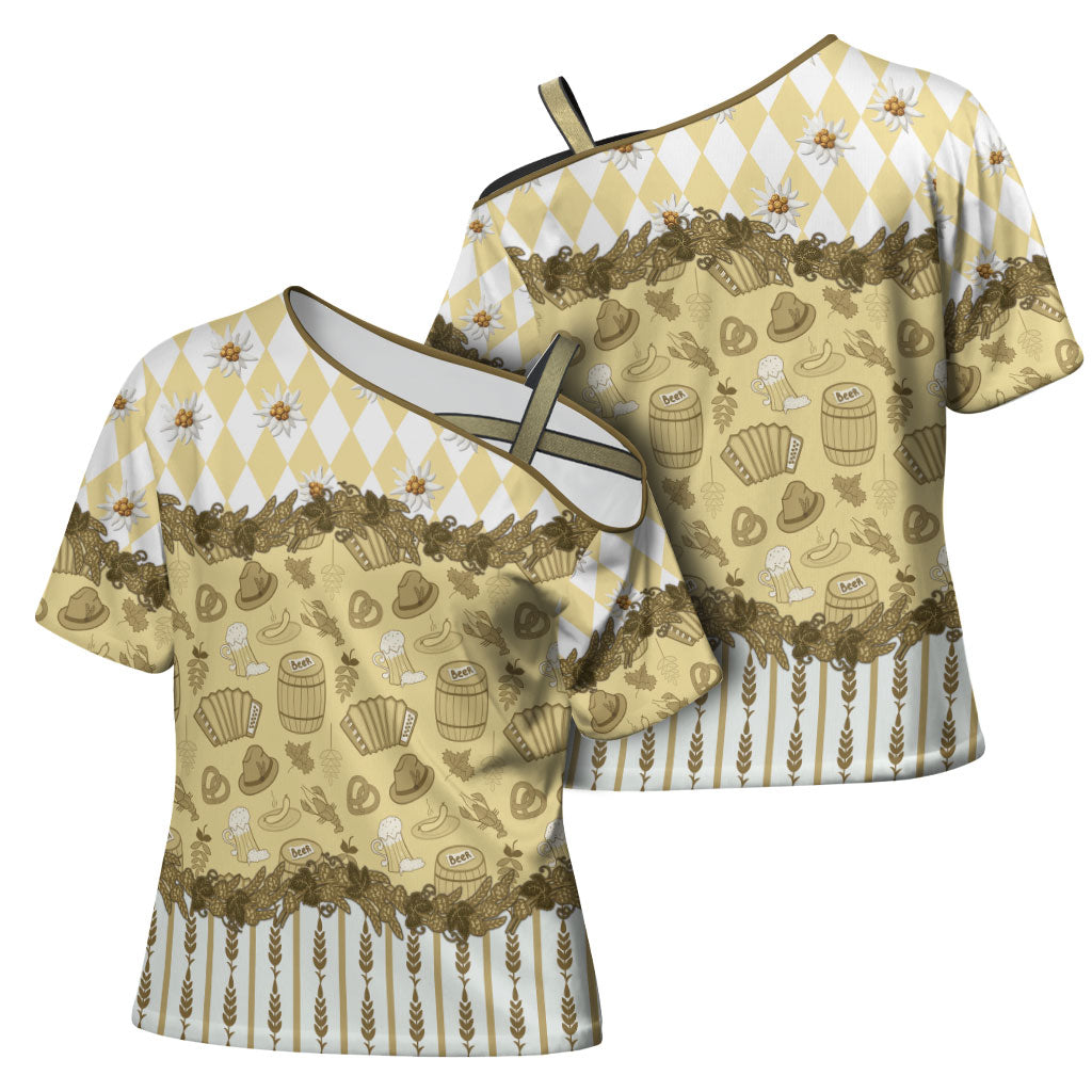 Oktoberfest Bavarian Heritage Cross Shoulder Shirt Edelweiss Beer Festival Gold Pattern