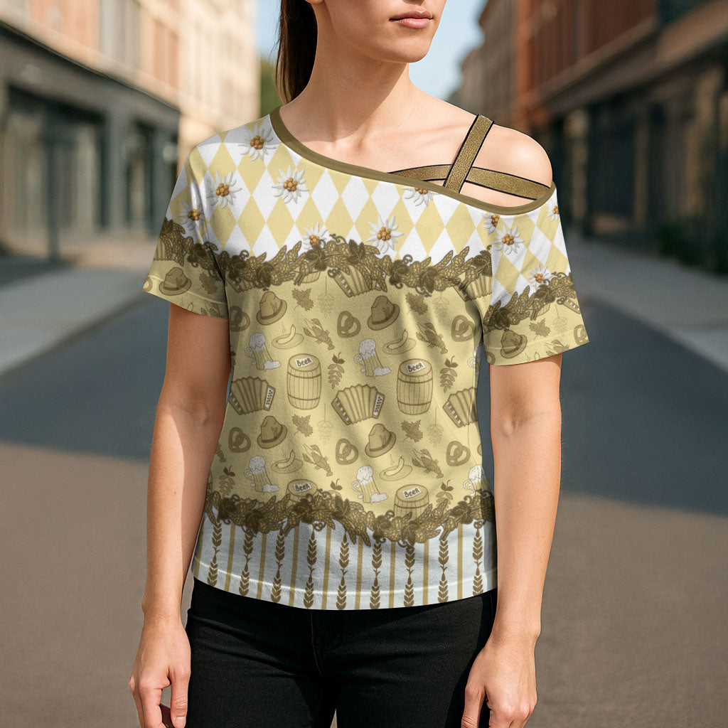 Oktoberfest Bavarian Heritage Cross Shoulder Shirt Edelweiss Beer Festival Gold Pattern
