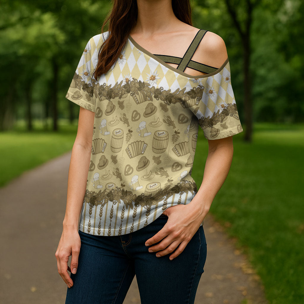 Oktoberfest Bavarian Heritage Cross Shoulder Shirt Edelweiss Beer Festival Gold Pattern