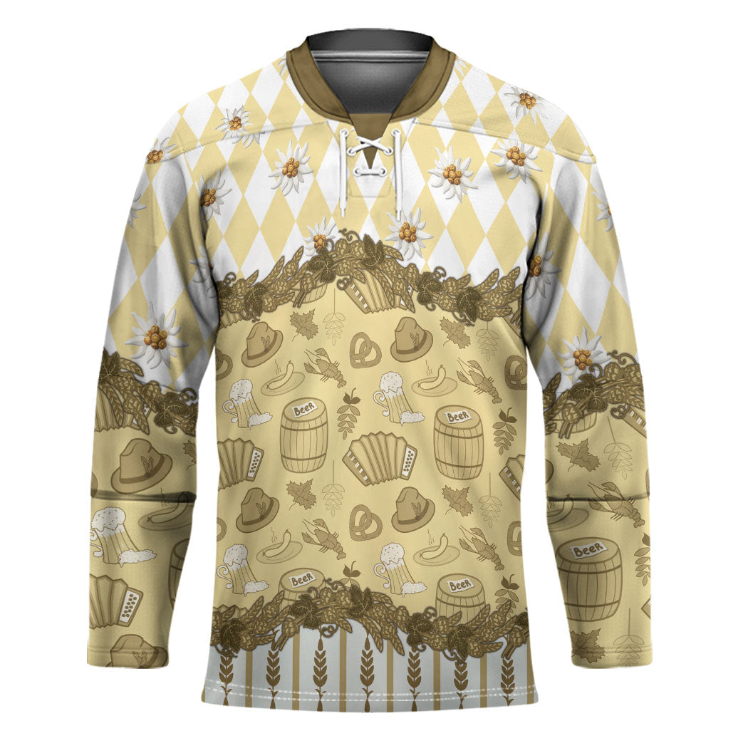 Oktoberfest Bavarian Heritage Hockey Jersey Edelweiss Beer Festival Gold Pattern