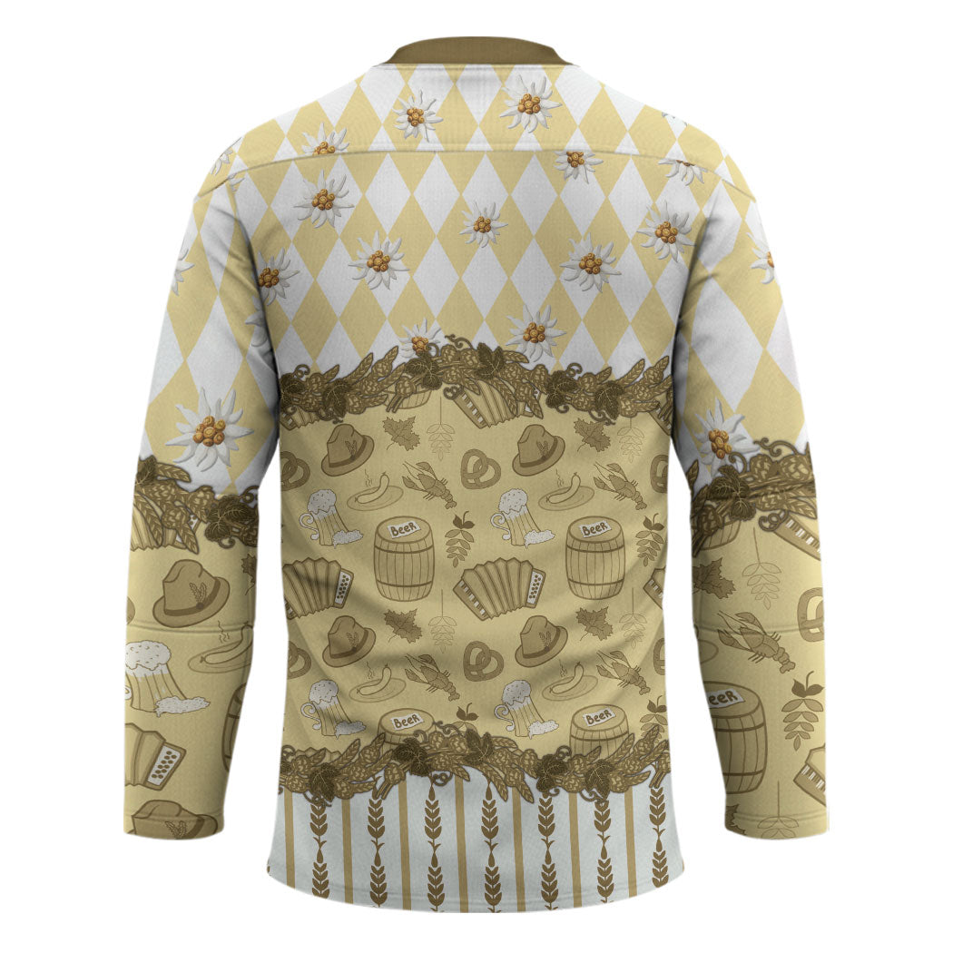 Oktoberfest Bavarian Heritage Hockey Jersey Edelweiss Beer Festival Gold Pattern