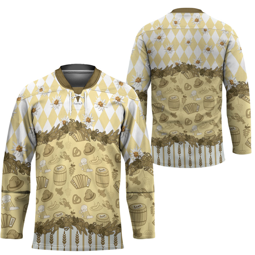 Oktoberfest Bavarian Heritage Hockey Jersey Edelweiss Beer Festival Gold Pattern