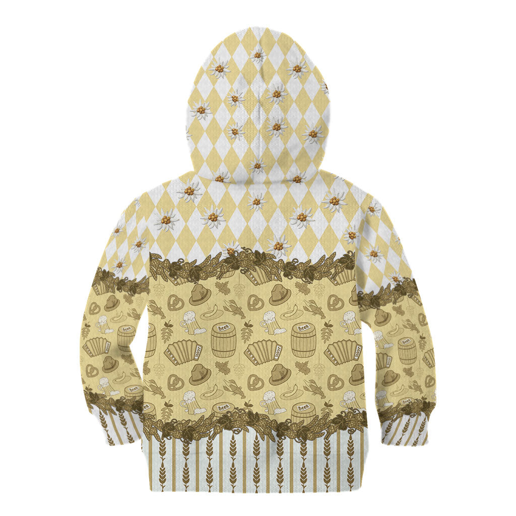 Oktoberfest Bavarian Heritage Kid Hoodie Edelweiss Beer Festival Gold Pattern