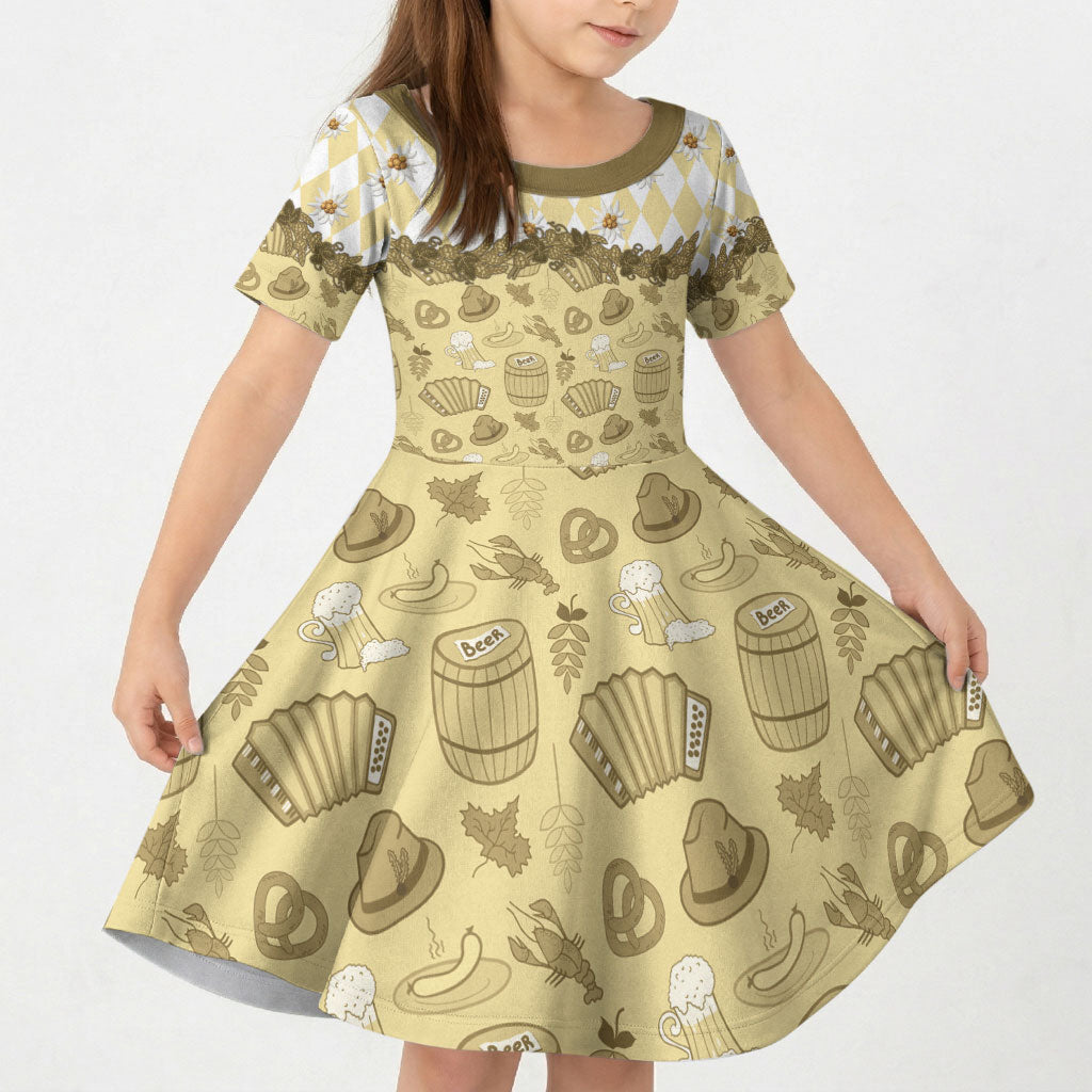 Oktoberfest Bavarian Heritage Kid Short Sleeve Dress Edelweiss Beer Festival Gold Pattern