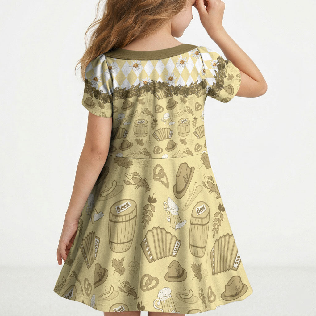 Oktoberfest Bavarian Heritage Kid Short Sleeve Dress Edelweiss Beer Festival Gold Pattern
