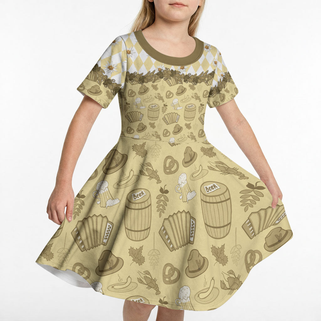 Oktoberfest Bavarian Heritage Kid Short Sleeve Dress Edelweiss Beer Festival Gold Pattern
