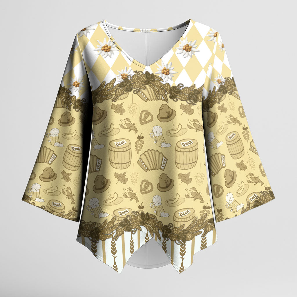 Oktoberfest Bavarian Heritage Kimono Sleeve Blouse Edelweiss Beer Festival Gold Pattern