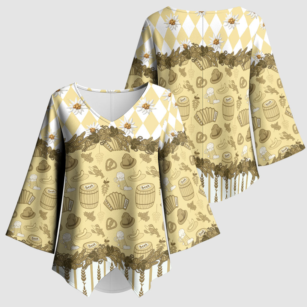 Oktoberfest Bavarian Heritage Kimono Sleeve Blouse Edelweiss Beer Festival Gold Pattern