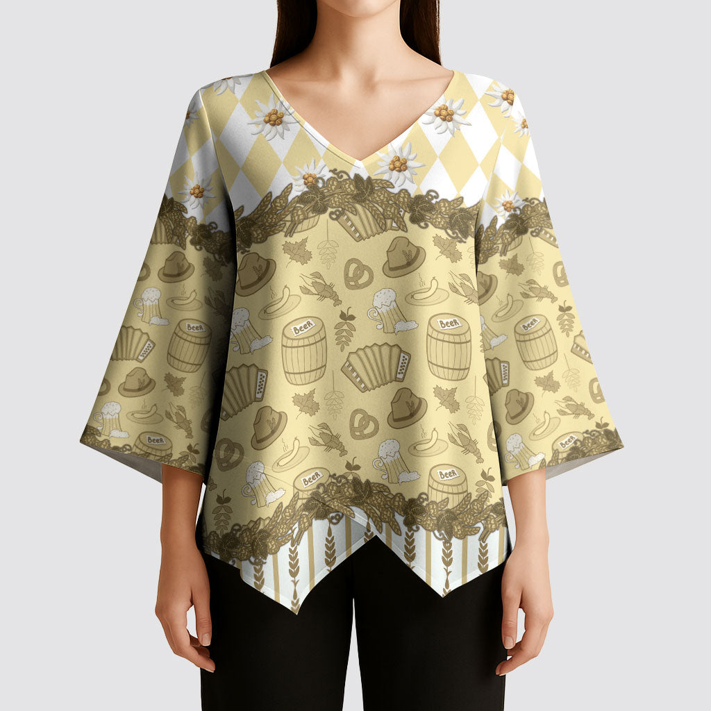 Oktoberfest Bavarian Heritage Kimono Sleeve Blouse Edelweiss Beer Festival Gold Pattern