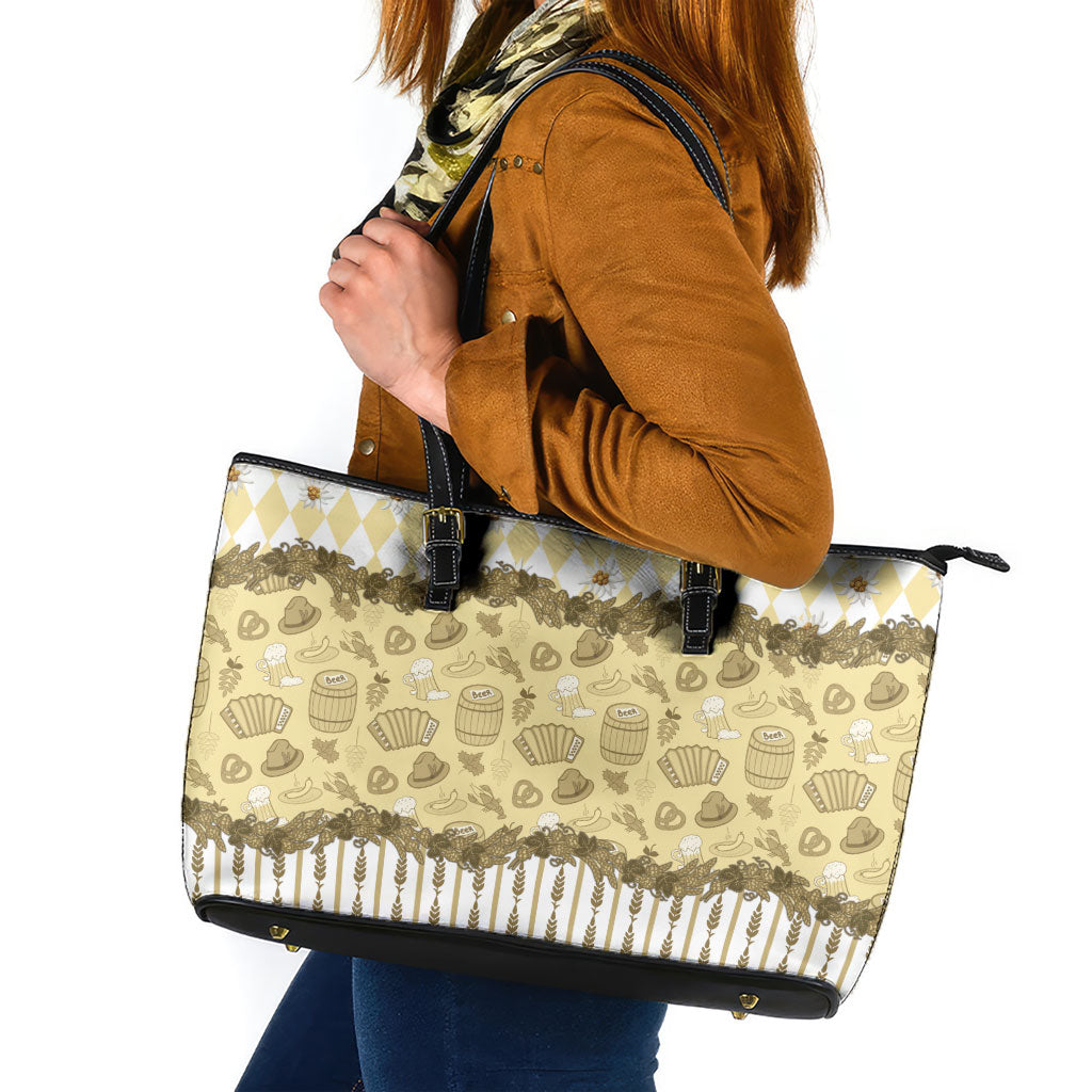 Oktoberfest Bavarian Heritage Leather Tote Bag Edelweiss Beer Festival Gold Pattern