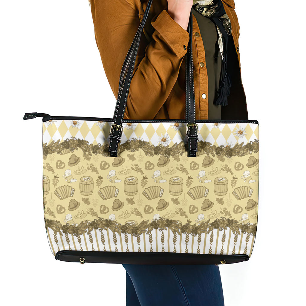 Oktoberfest Bavarian Heritage Leather Tote Bag Edelweiss Beer Festival Gold Pattern