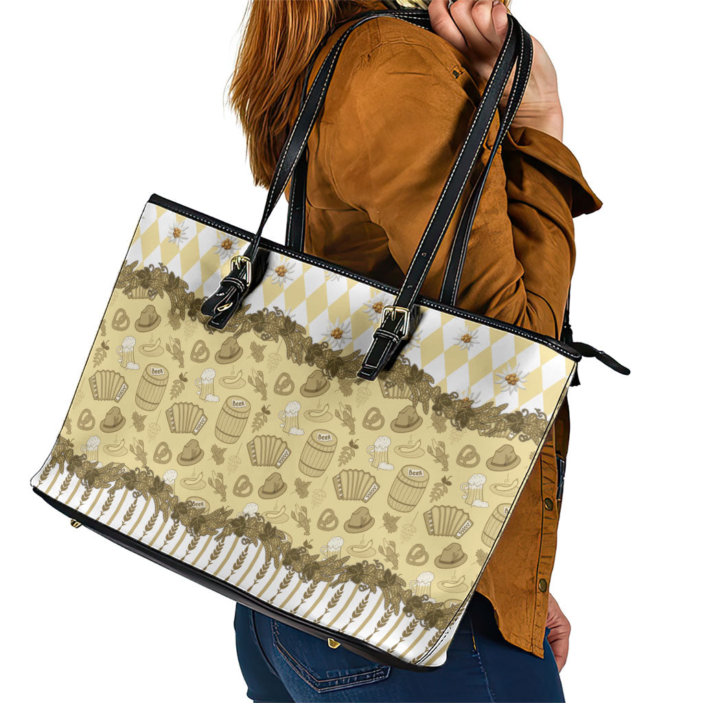Oktoberfest Bavarian Heritage Leather Tote Bag Edelweiss Beer Festival Gold Pattern