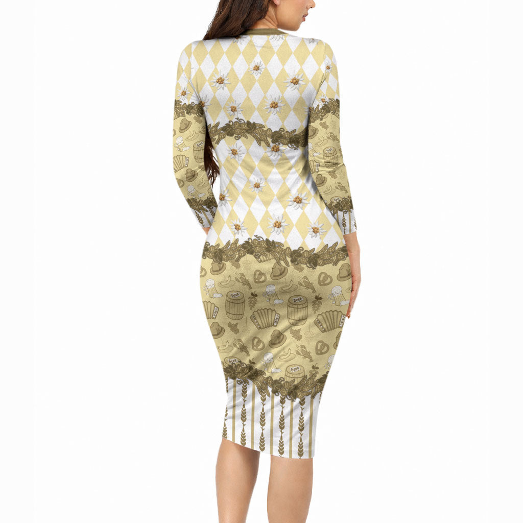 Oktoberfest Bavarian Heritage Long Sleeve Bodycon Dress Edelweiss Beer Festival Gold Pattern