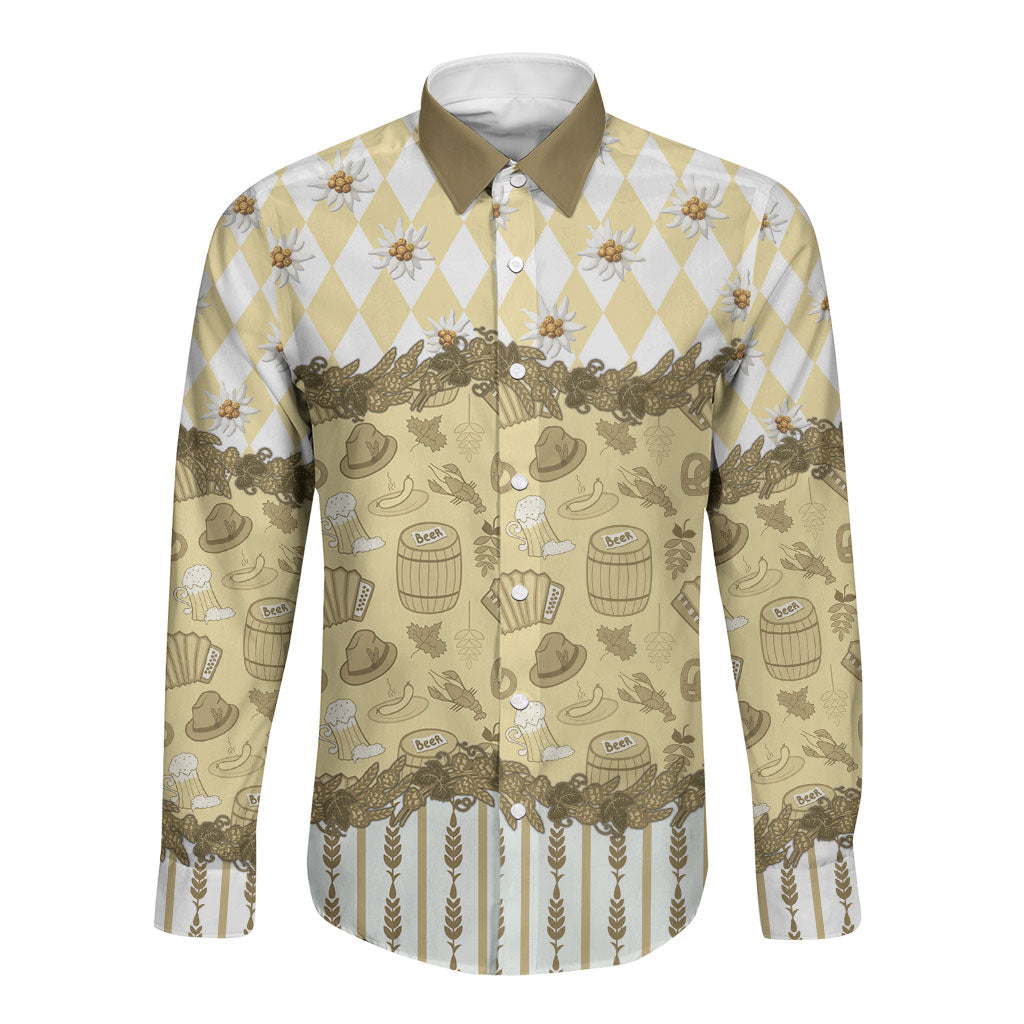 Oktoberfest Bavarian Heritage Long Sleeve Button Shirt Edelweiss Beer Festival Gold Pattern