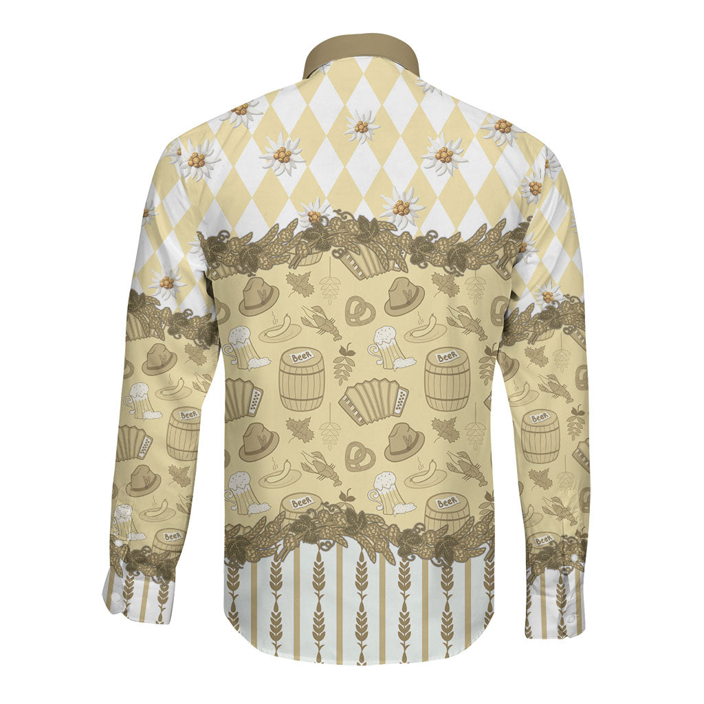 Oktoberfest Bavarian Heritage Long Sleeve Button Shirt Edelweiss Beer Festival Gold Pattern