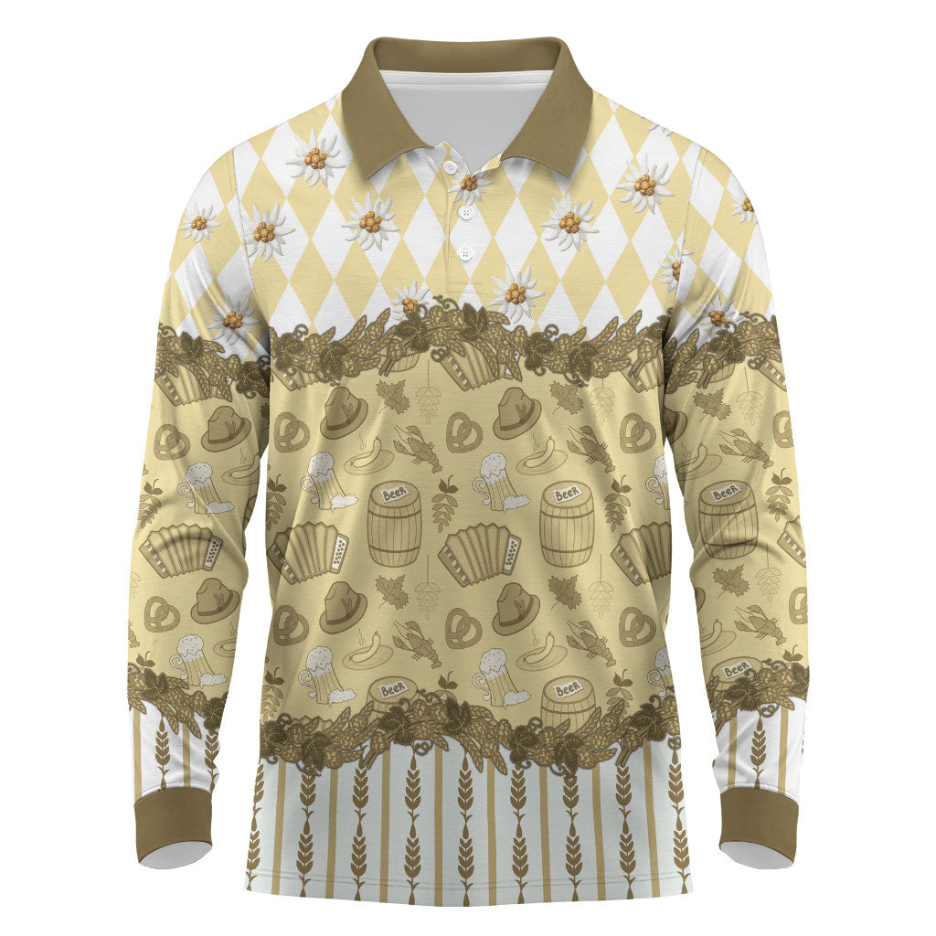 Oktoberfest Bavarian Heritage Long Sleeve Polo Shirt Edelweiss Beer Festival Gold Pattern