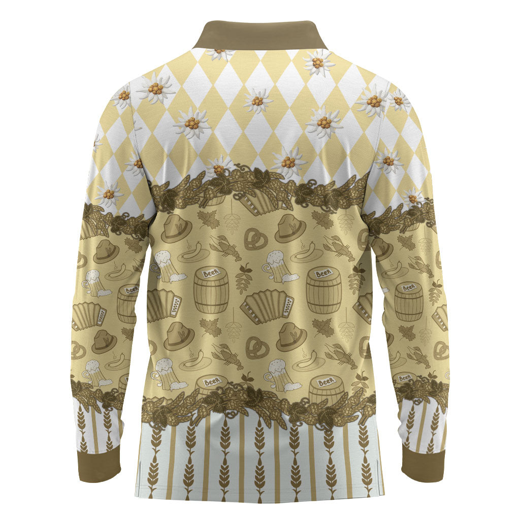 Oktoberfest Bavarian Heritage Long Sleeve Polo Shirt Edelweiss Beer Festival Gold Pattern