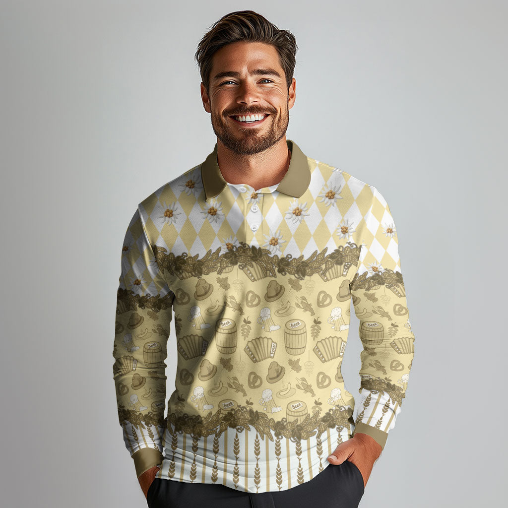 Oktoberfest Bavarian Heritage Long Sleeve Polo Shirt Edelweiss Beer Festival Gold Pattern