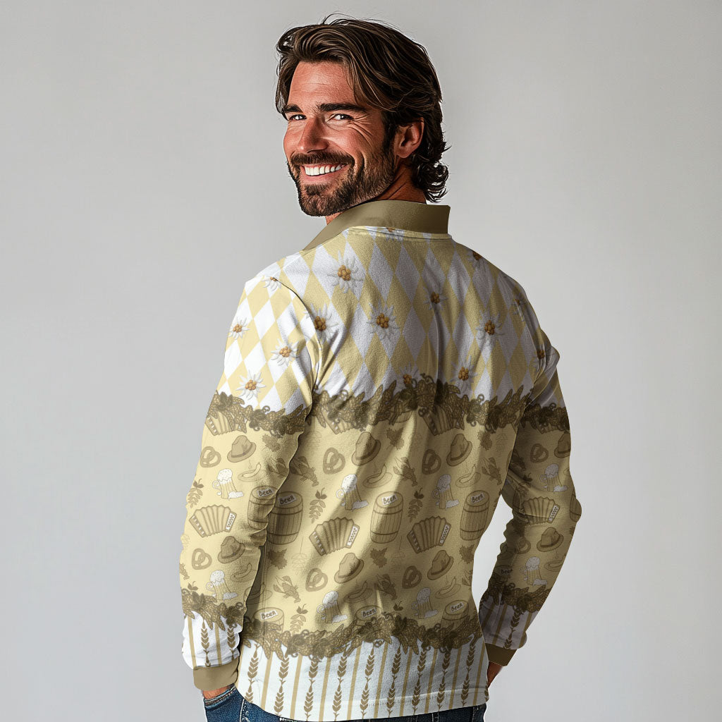 Oktoberfest Bavarian Heritage Long Sleeve Polo Shirt Edelweiss Beer Festival Gold Pattern