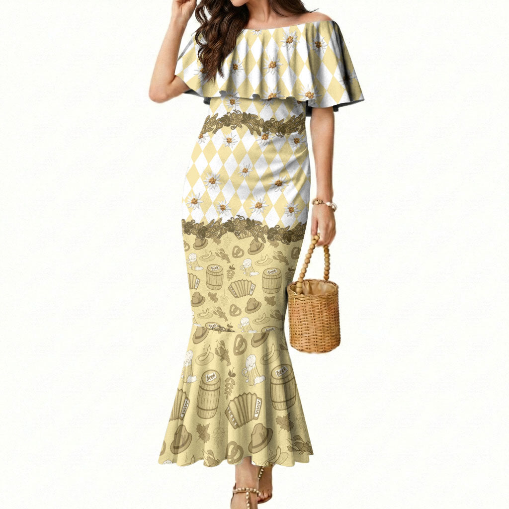 Oktoberfest Bavarian Heritage Mermaid Dress Edelweiss Beer Festival Gold Pattern