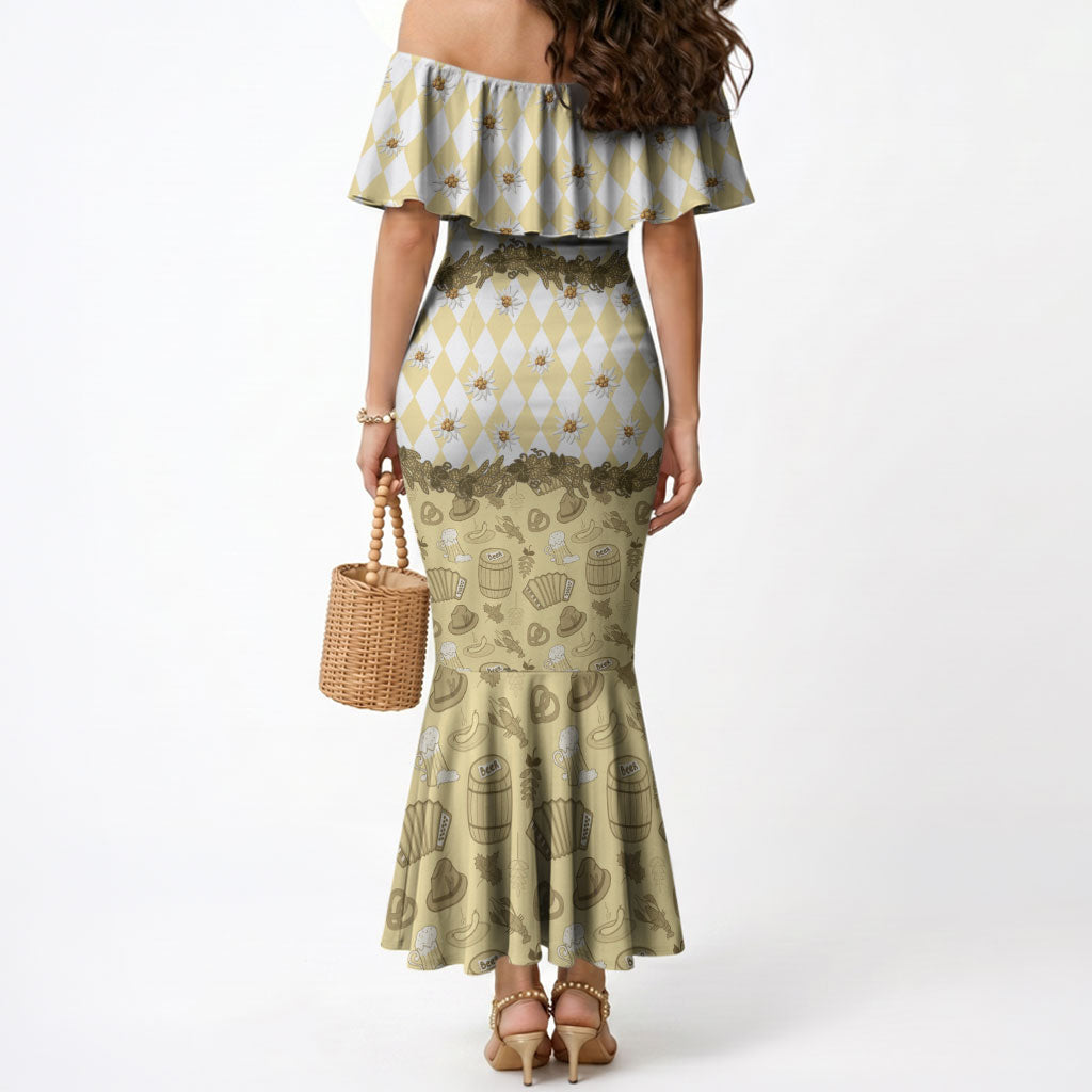 Oktoberfest Bavarian Heritage Mermaid Dress Edelweiss Beer Festival Gold Pattern