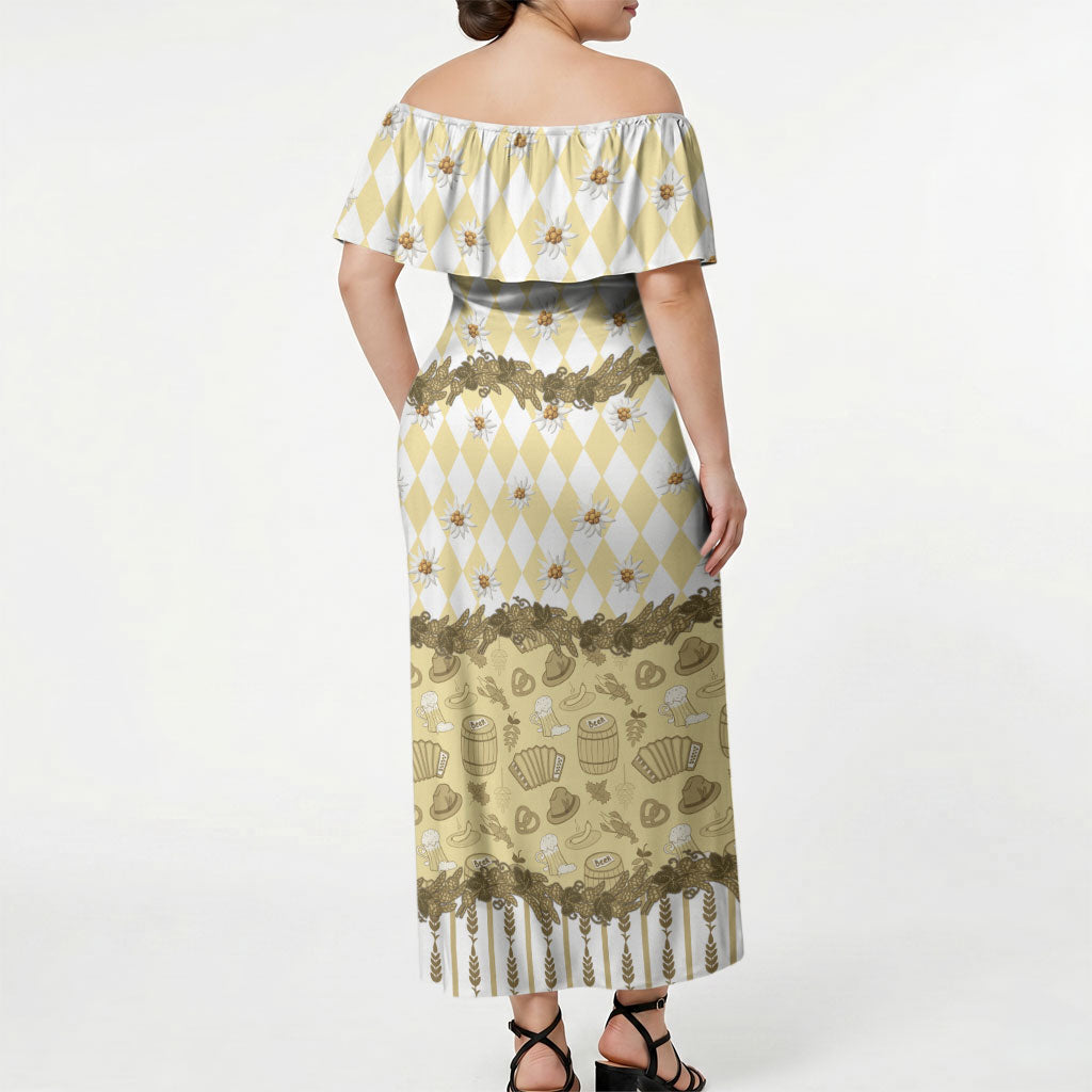 Oktoberfest Bavarian Heritage Off Shoulder Maxi Dress Edelweiss Beer Festival Gold Pattern