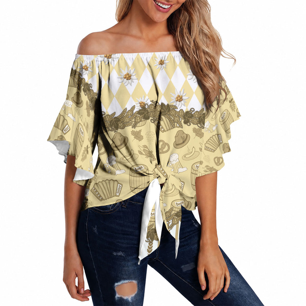 Oktoberfest Bavarian Heritage Off Shoulder Wrap Waist Top Edelweiss Beer Festival Gold Pattern