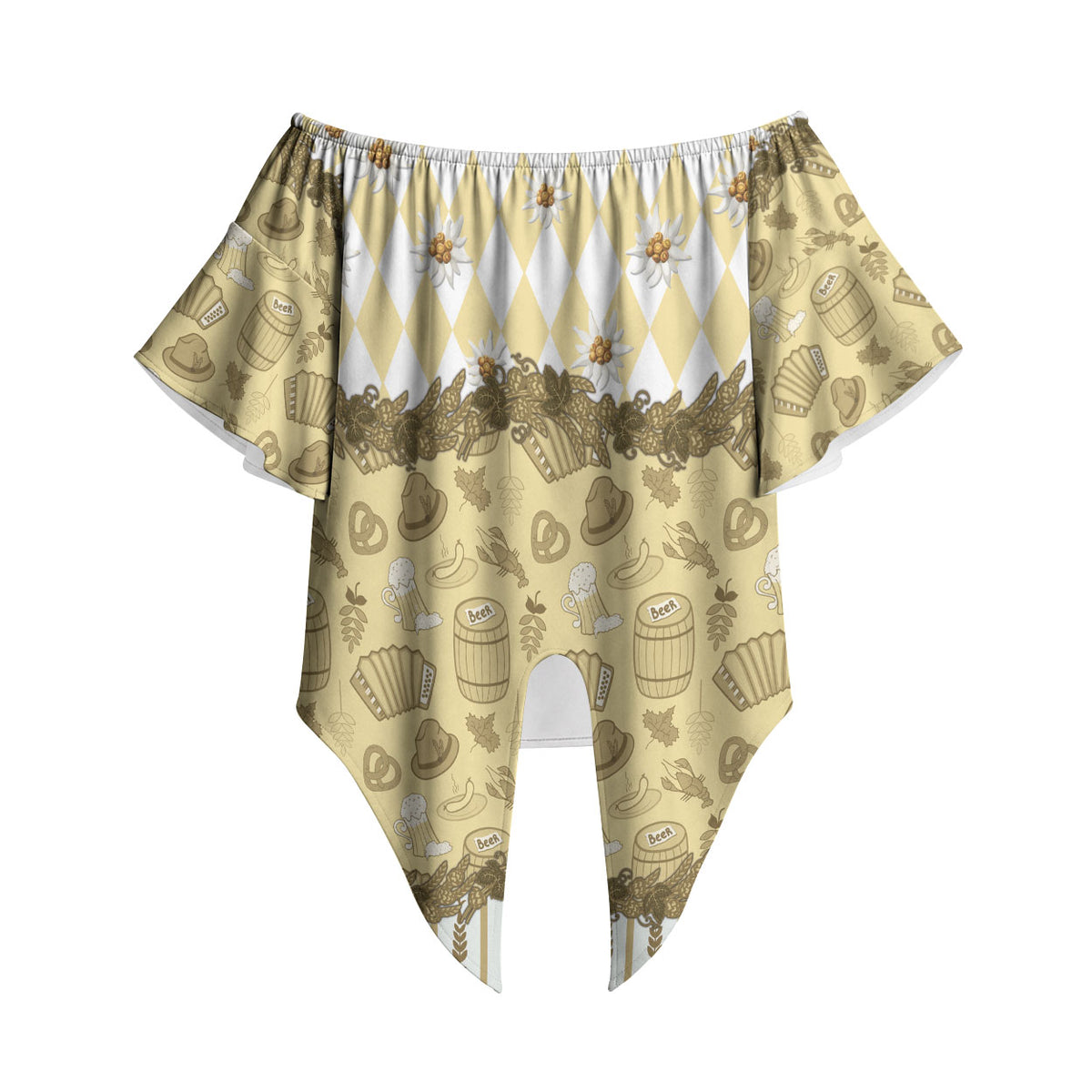 Oktoberfest Bavarian Heritage Off Shoulder Wrap Waist Top Edelweiss Beer Festival Gold Pattern