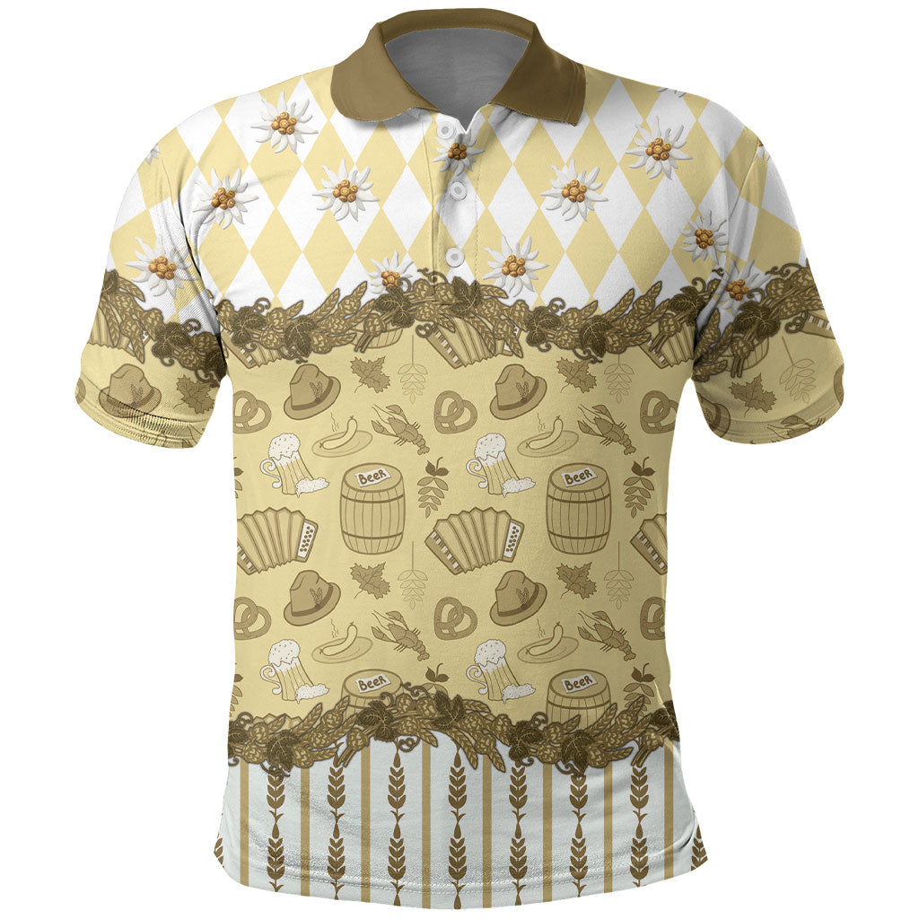Oktoberfest Bavarian Heritage Polo Shirt Edelweiss Beer Festival Gold Pattern