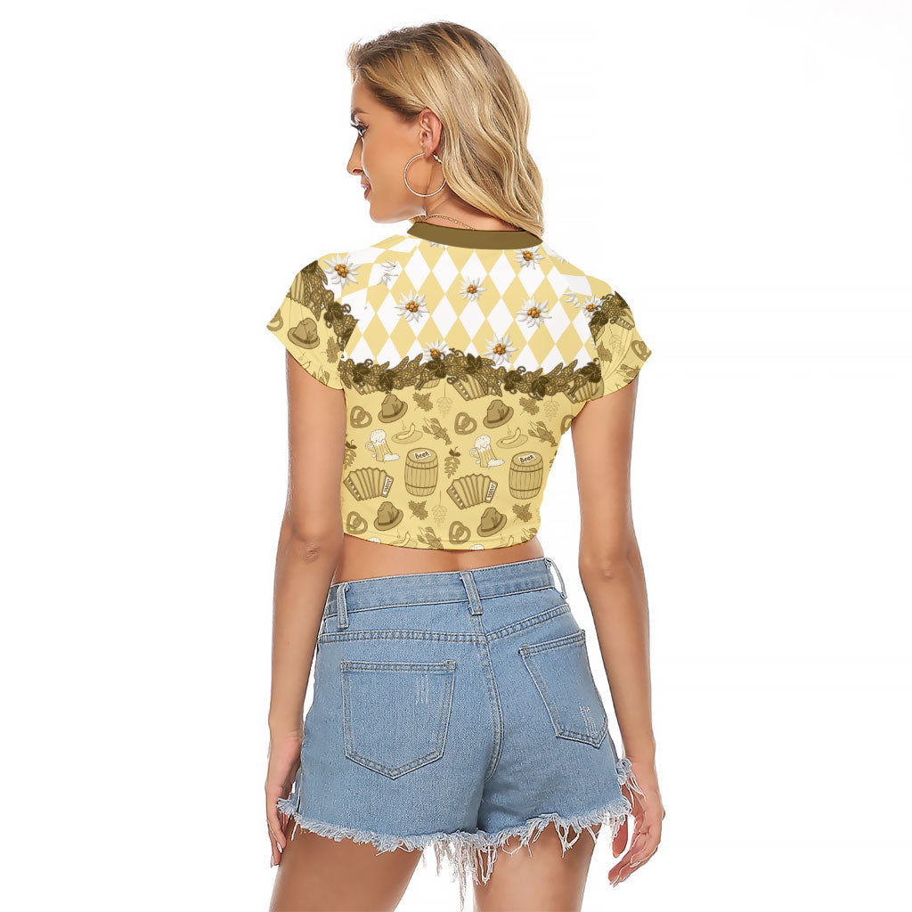 Oktoberfest Bavarian Heritage Raglan Cropped T Shirt Edelweiss Beer Festival Gold Pattern