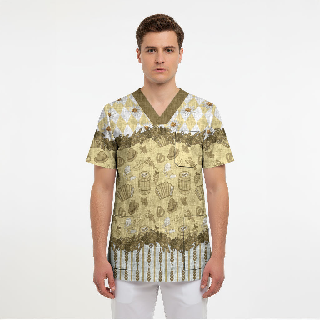 Oktoberfest Bavarian Heritage Scrub Top Edelweiss Beer Festival Gold Pattern