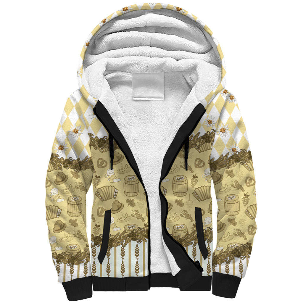 Oktoberfest Bavarian Heritage Sherpa Hoodie Edelweiss Beer Festival Gold Pattern