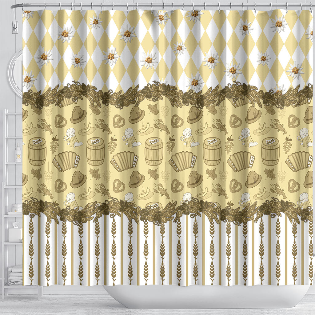 Oktoberfest Bavarian Heritage Shower Curtain Edelweiss Beer Festival Gold Pattern