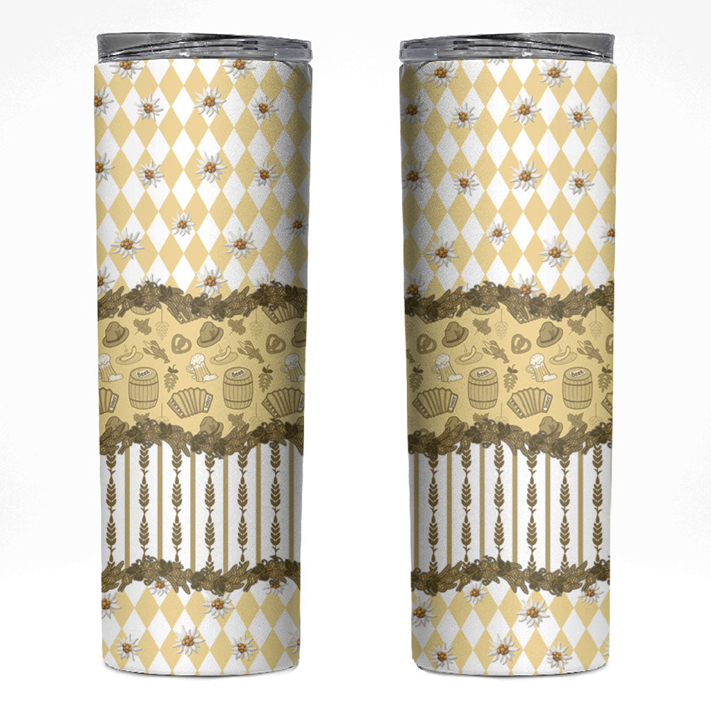 Oktoberfest Bavarian Heritage Skinny Tumbler Edelweiss Beer Festival Gold Pattern