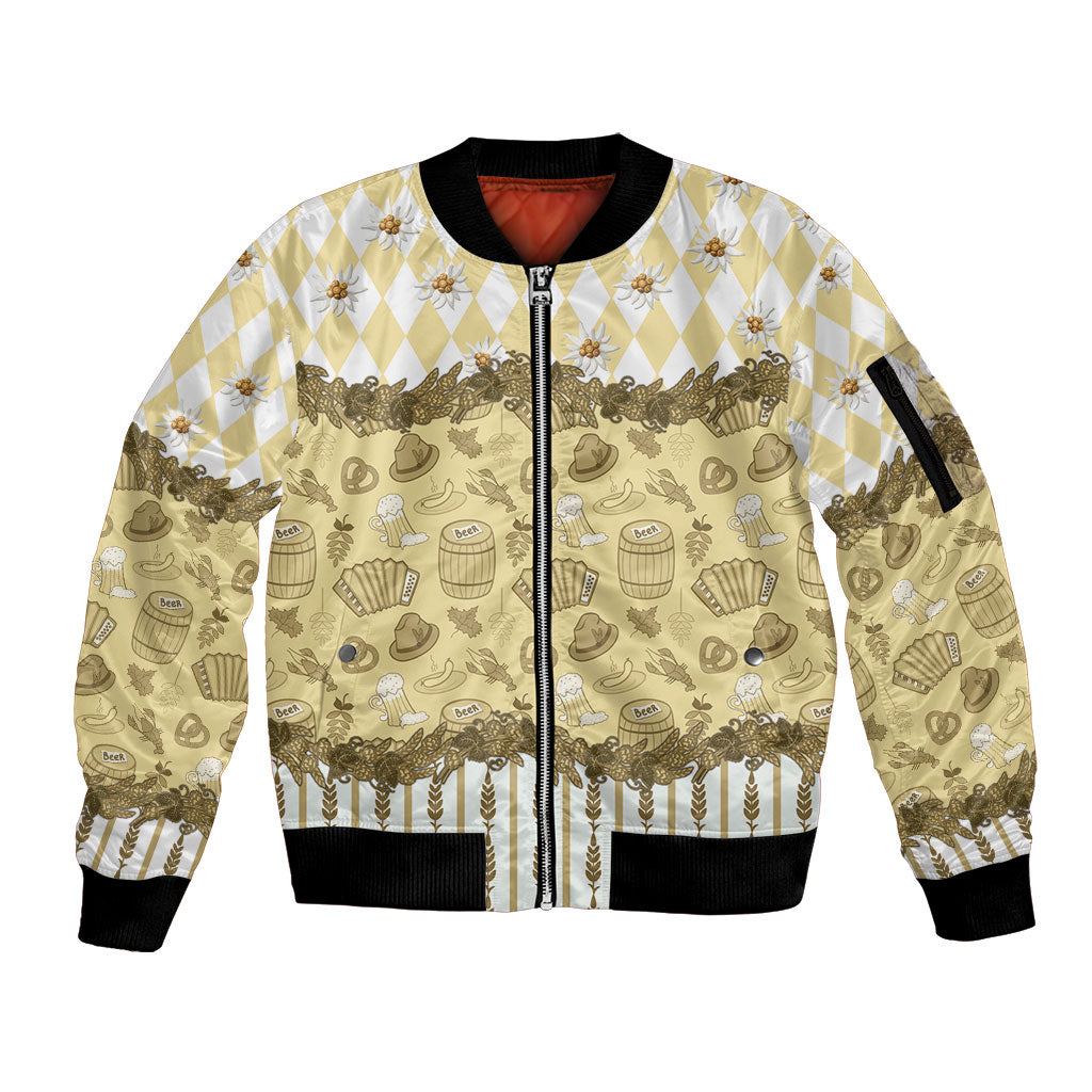 Oktoberfest Bavarian Heritage Sleeve Zip Bomber Jacket Edelweiss Beer Festival Gold Pattern