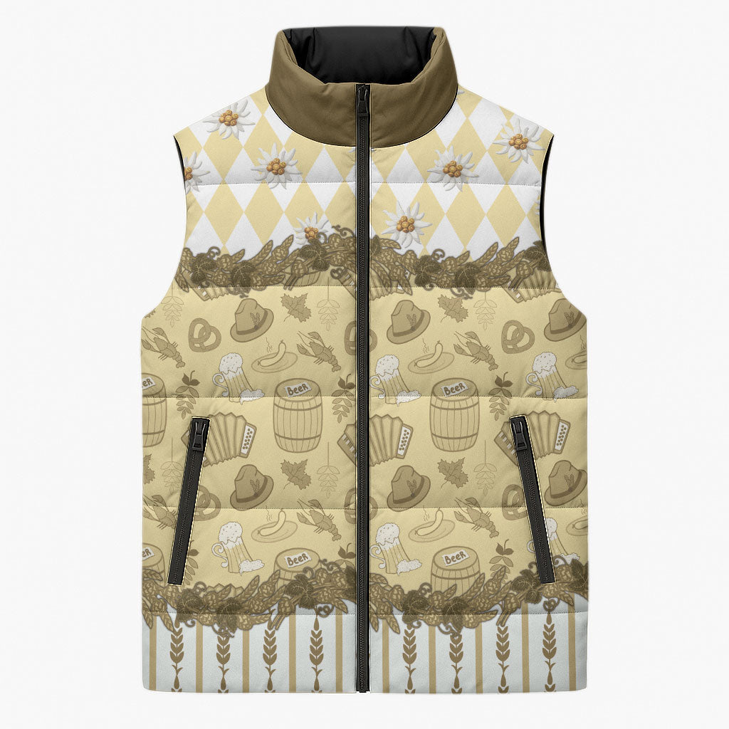 Oktoberfest Bavarian Heritage Sleeveless Puffer Jacket Edelweiss Beer Festival Gold Pattern