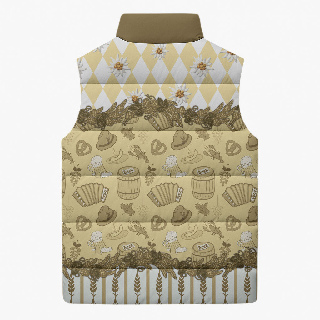Oktoberfest Bavarian Heritage Sleeveless Puffer Jacket Edelweiss Beer Festival Gold Pattern