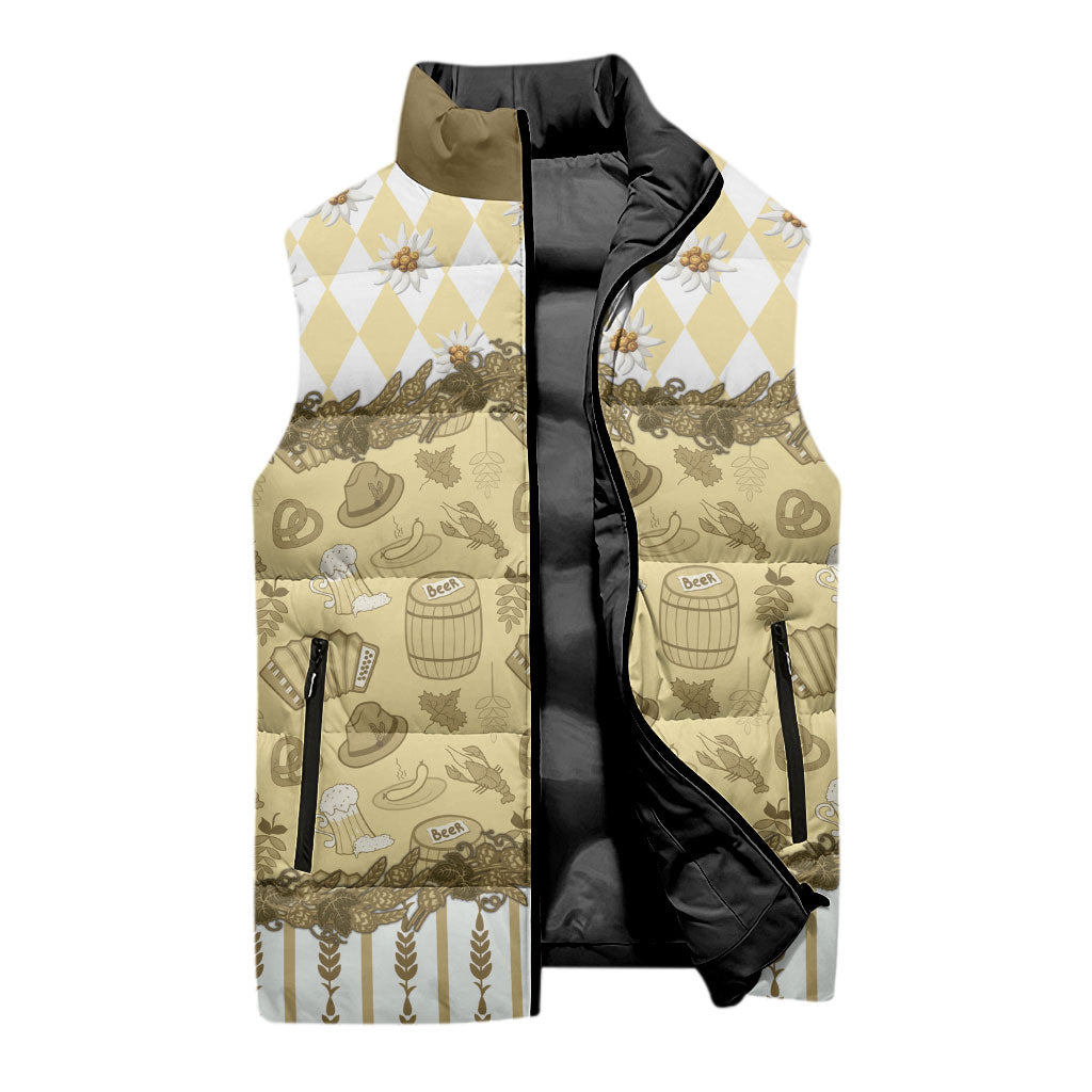 Oktoberfest Bavarian Heritage Sleeveless Puffer Jacket Edelweiss Beer Festival Gold Pattern
