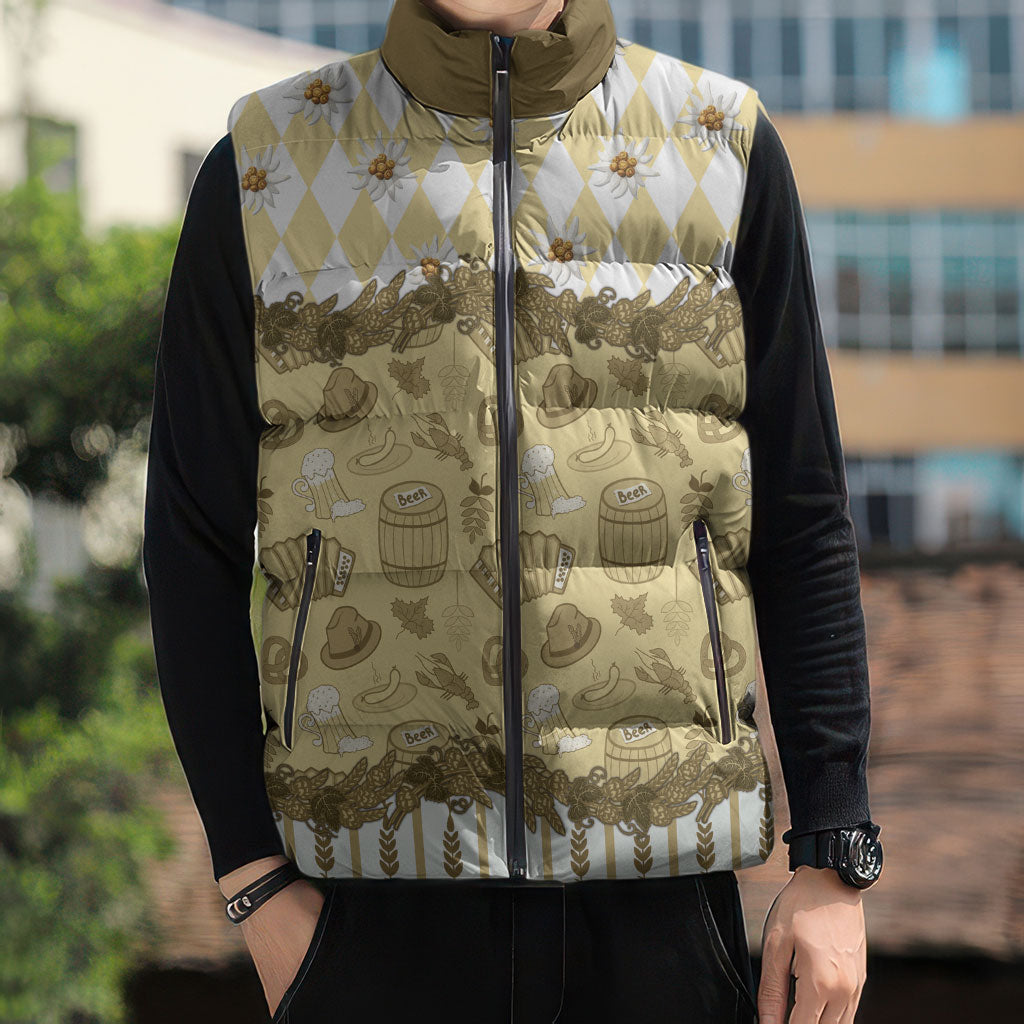 Oktoberfest Bavarian Heritage Sleeveless Puffer Jacket Edelweiss Beer Festival Gold Pattern