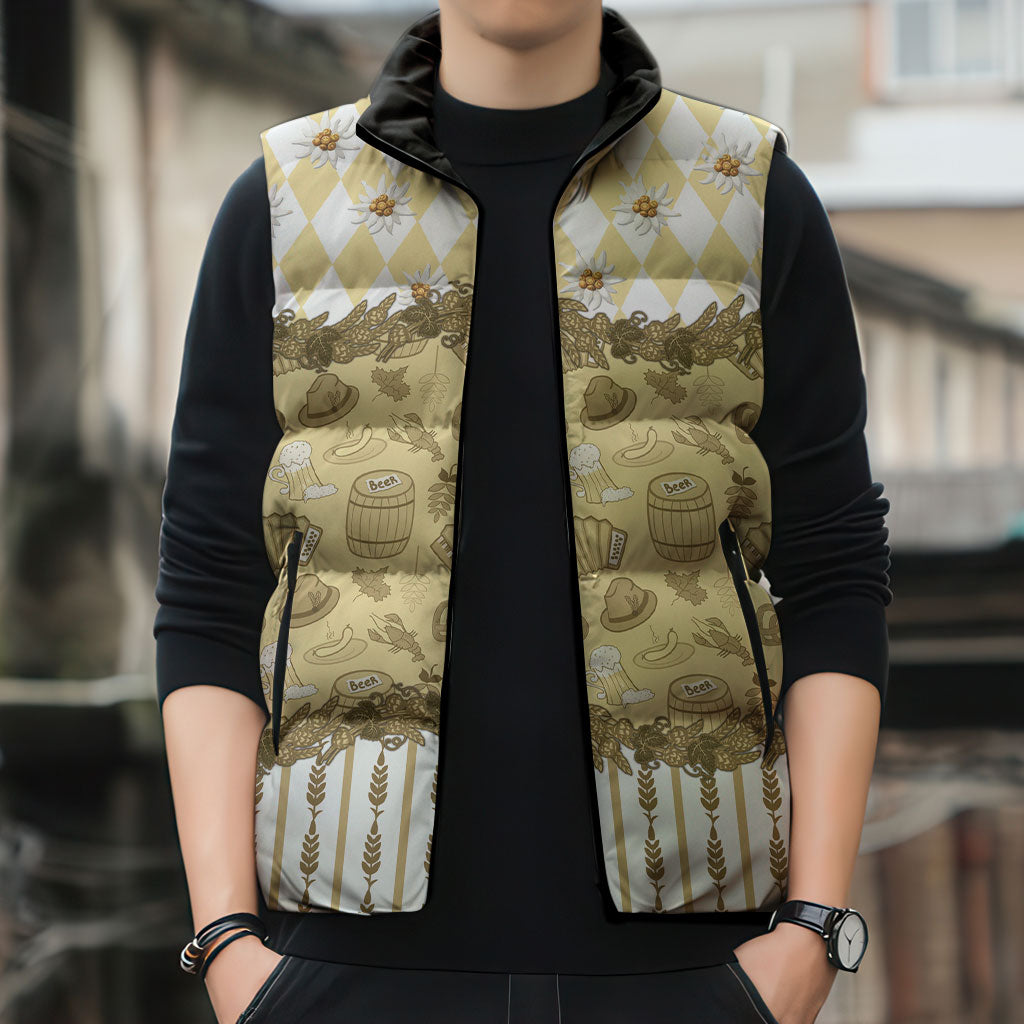 Oktoberfest Bavarian Heritage Sleeveless Puffer Jacket Edelweiss Beer Festival Gold Pattern