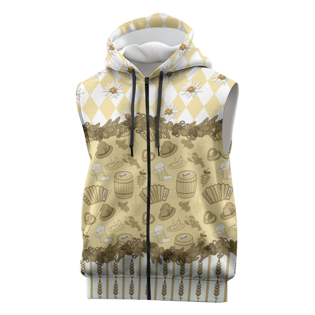 Oktoberfest Bavarian Heritage Sleeveless Zip Hoodie Edelweiss Beer Festival Gold Pattern
