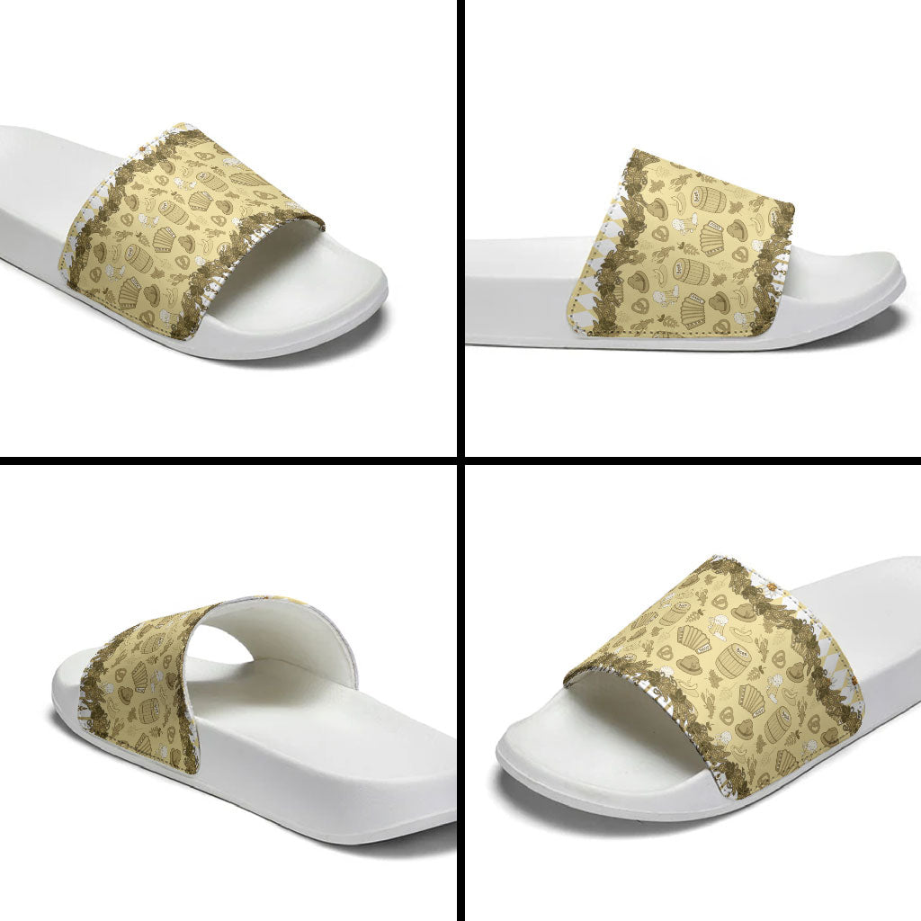 Oktoberfest Bavarian Heritage Slide Sandals Edelweiss Beer Festival Gold Pattern
