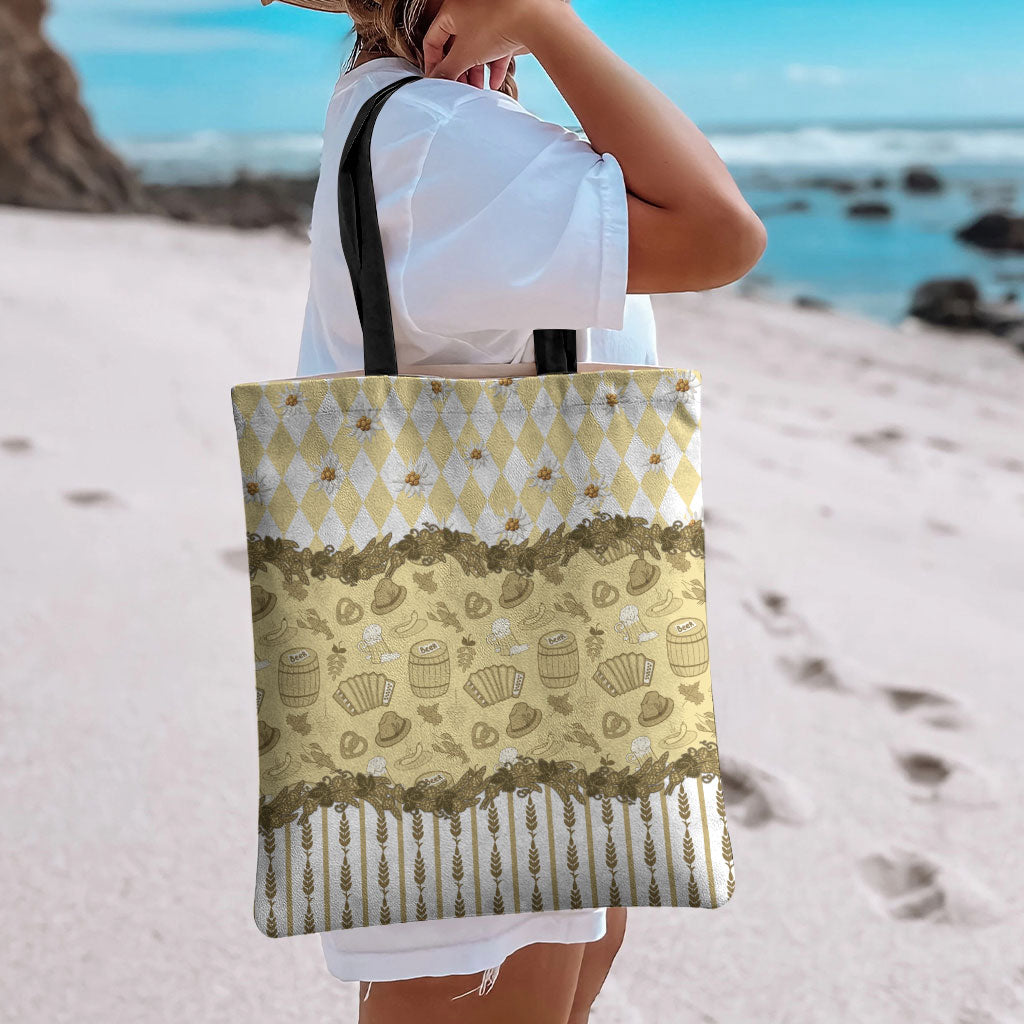 Oktoberfest Bavarian Heritage Tote Bag Edelweiss Beer Festival Gold Pattern