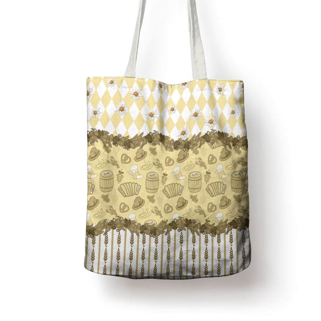 Oktoberfest Bavarian Heritage Tote Bag Edelweiss Beer Festival Gold Pattern