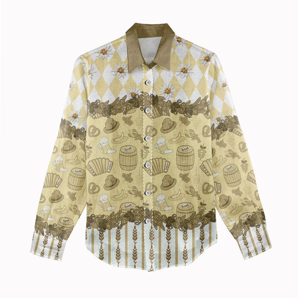 Oktoberfest Bavarian Heritage Women Casual Shirt Edelweiss Beer Festival Gold Pattern