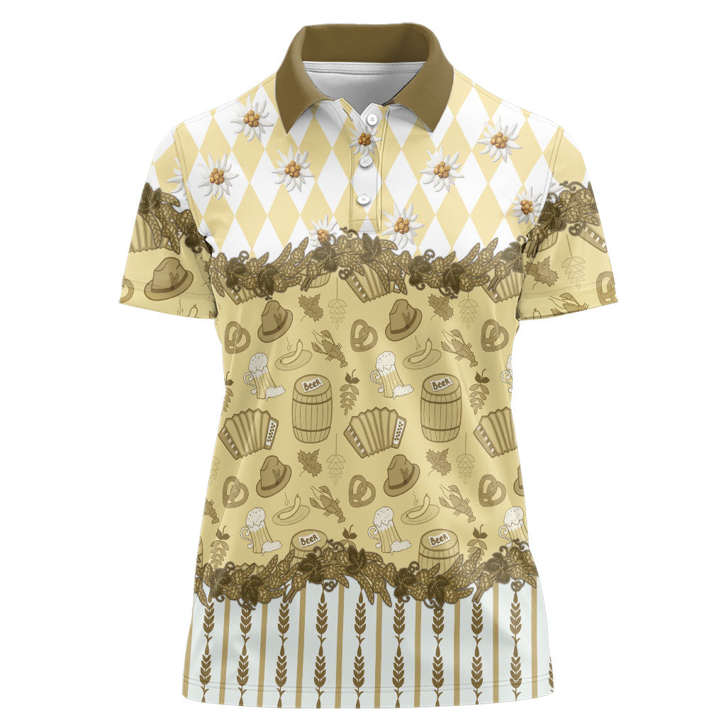 Oktoberfest Bavarian Heritage Women Polo Shirt Edelweiss Beer Festival Gold Pattern