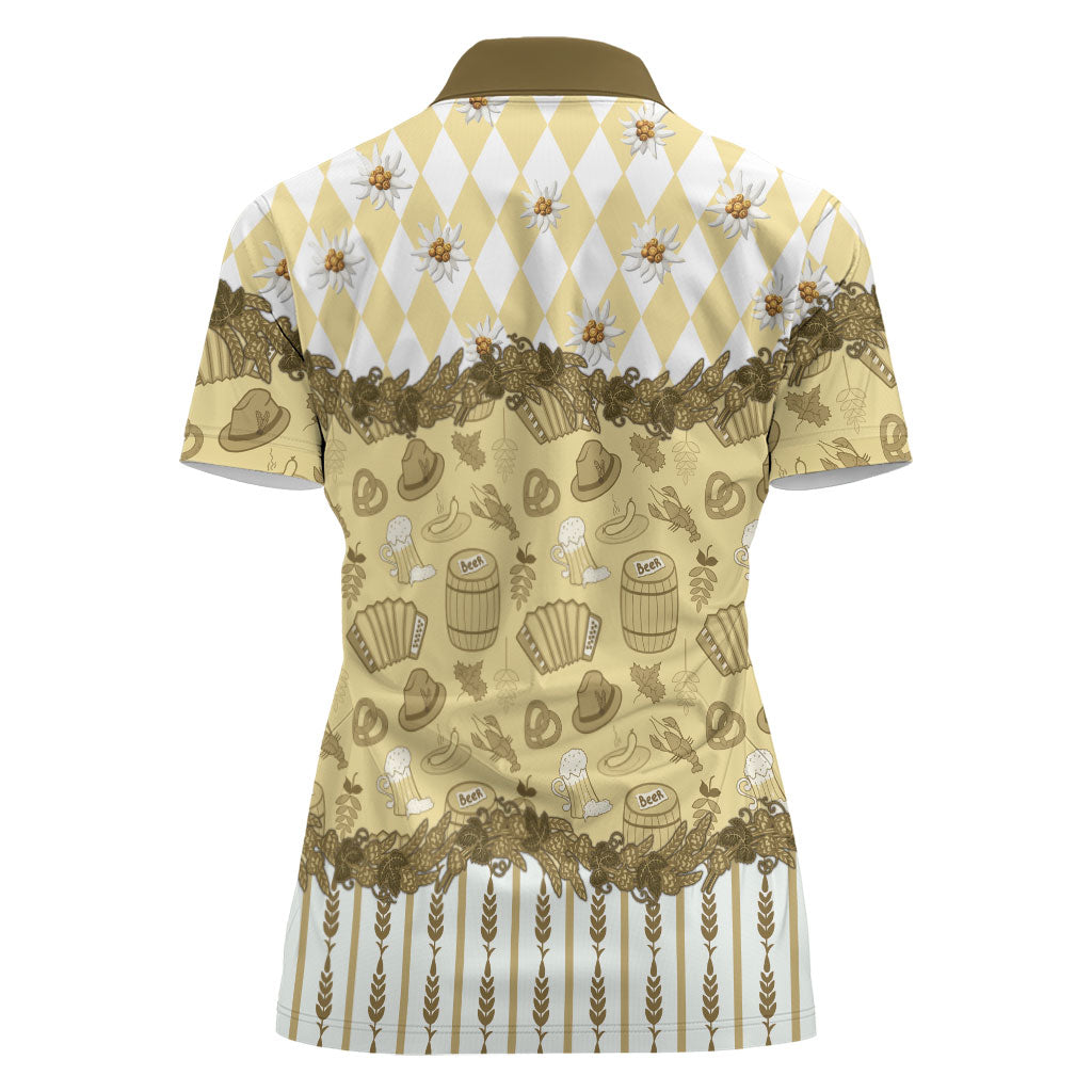 Oktoberfest Bavarian Heritage Women Polo Shirt Edelweiss Beer Festival Gold Pattern