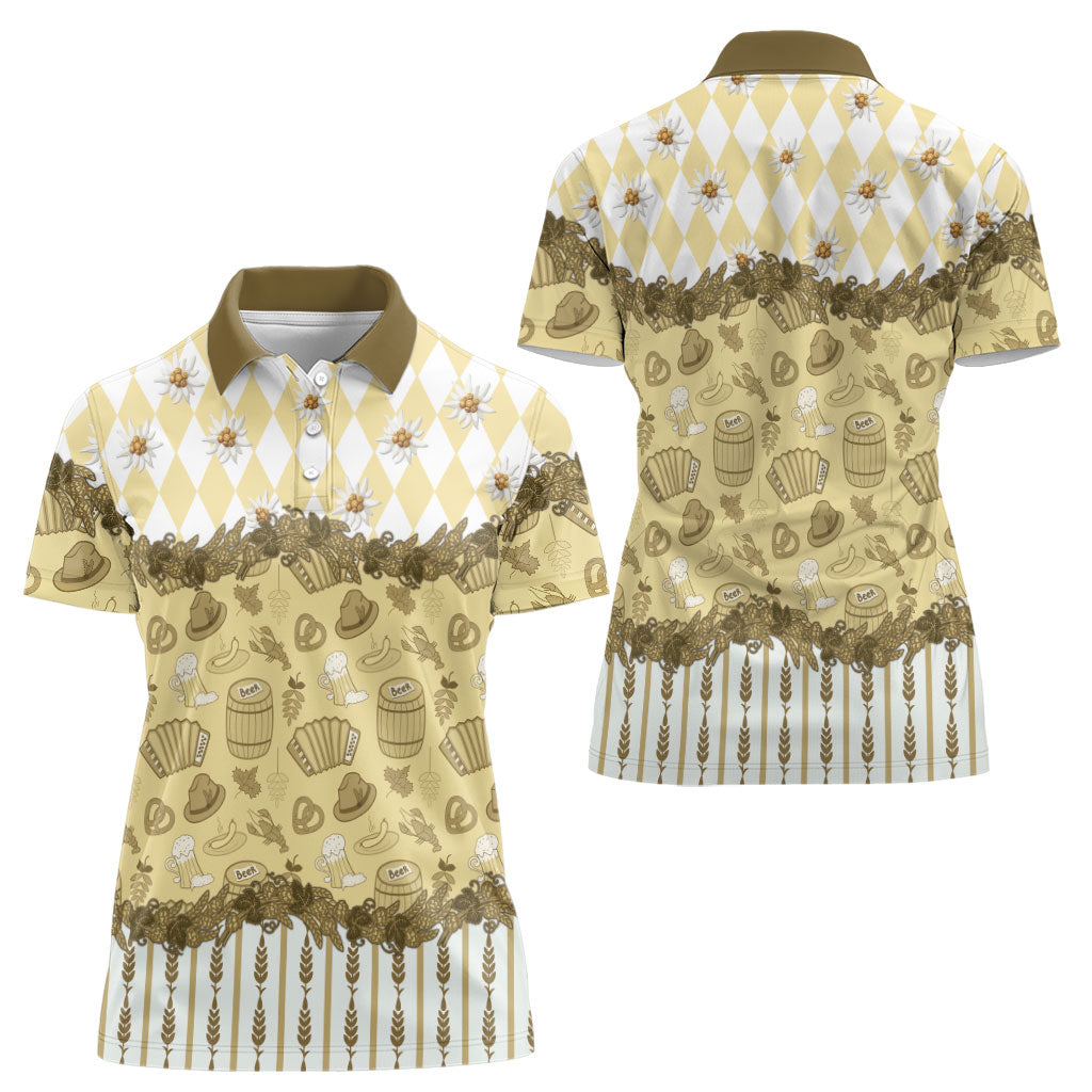 Oktoberfest Bavarian Heritage Women Polo Shirt Edelweiss Beer Festival Gold Pattern