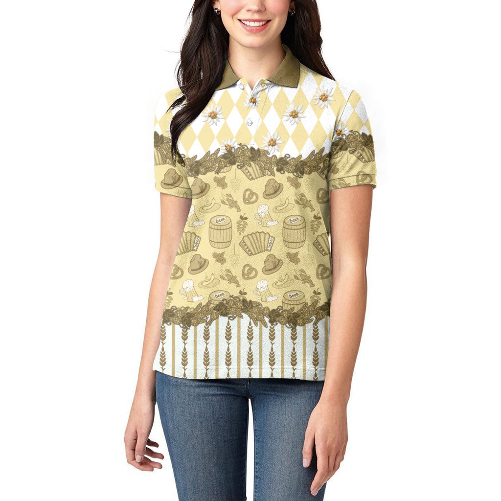 Oktoberfest Bavarian Heritage Women Polo Shirt Edelweiss Beer Festival Gold Pattern