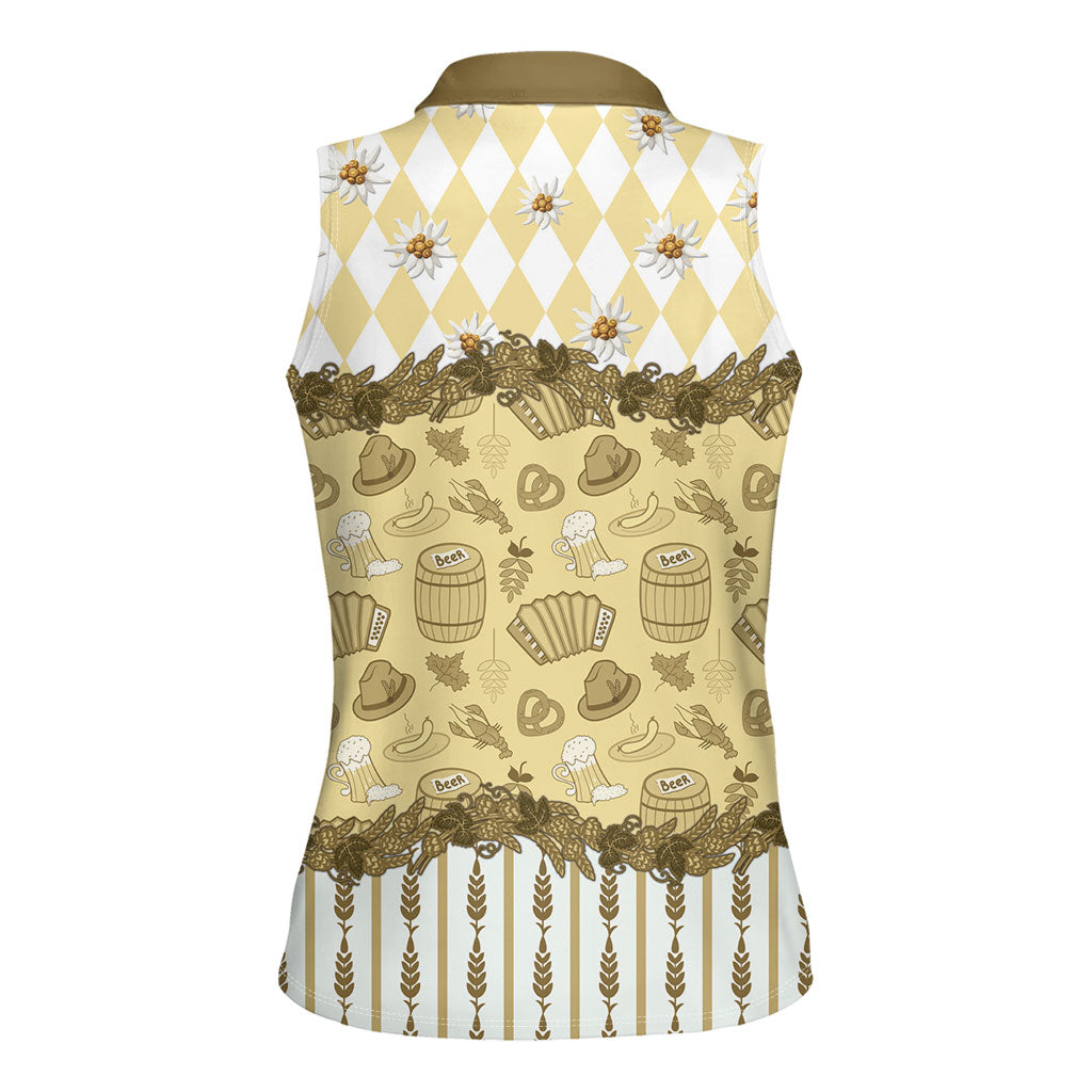 Oktoberfest Bavarian Heritage Women Sleeveless Polo Shirt Edelweiss Beer Festival Gold Pattern